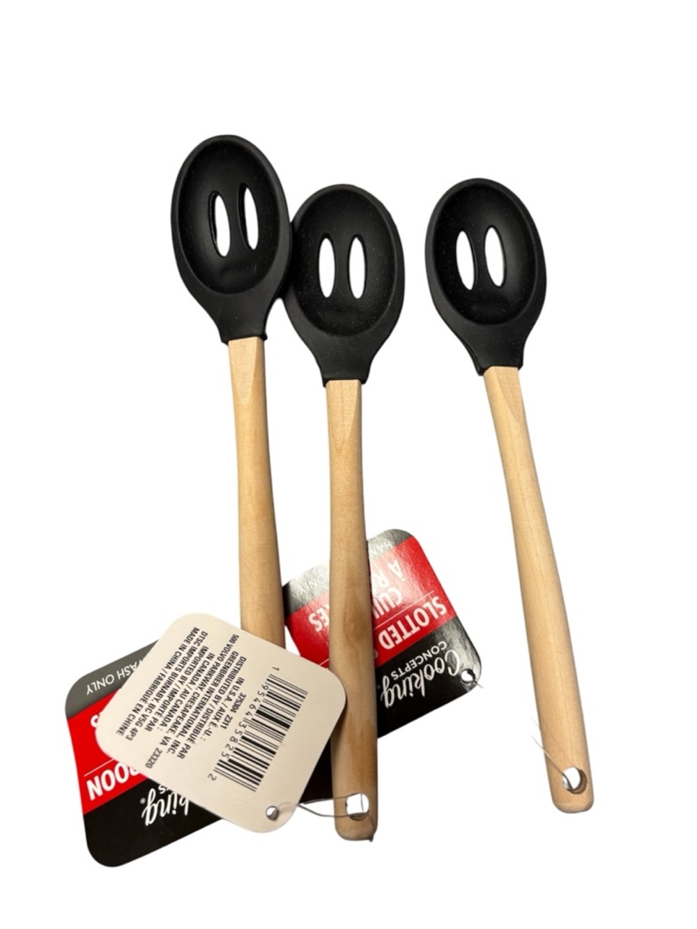 Set of 3 Cooking Concepts Slotted Spoons Silicone Wood Handle NWT